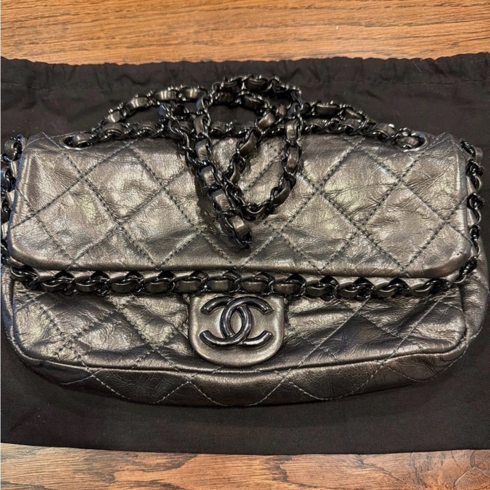 Chanel Quilted Calfskin Gunmetal Gray Chain Me bag
